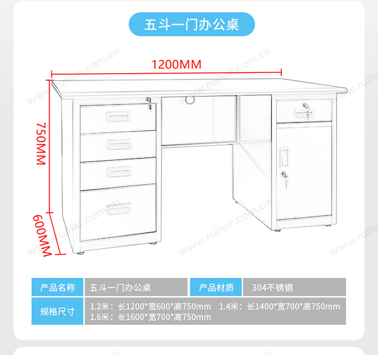 不锈钢医用办公桌单人职员车间工作台医疗实验室防腐1.4米五斗一空电脑桌