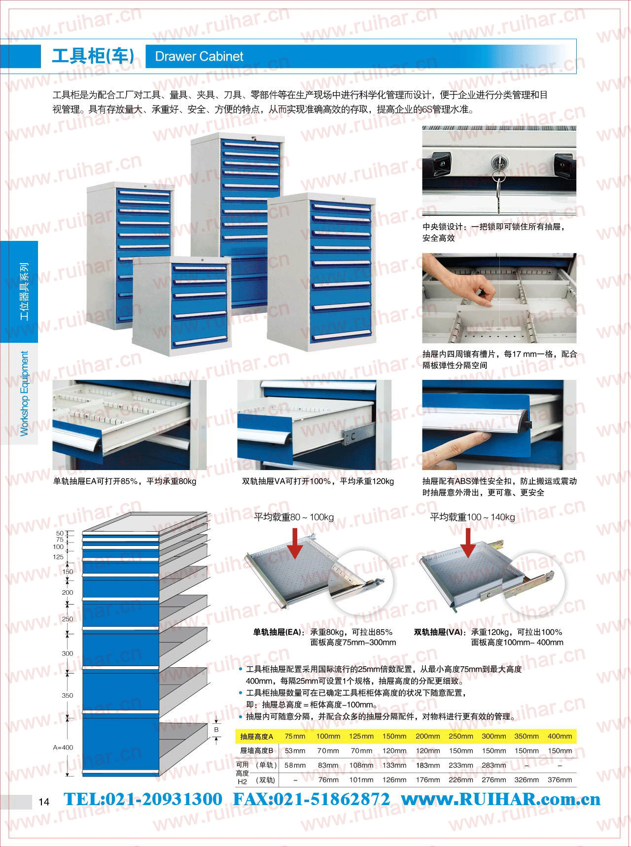 工具柜抽屉高度，工具柜导轨，工具柜双轨导轨，工具柜单轨导轨